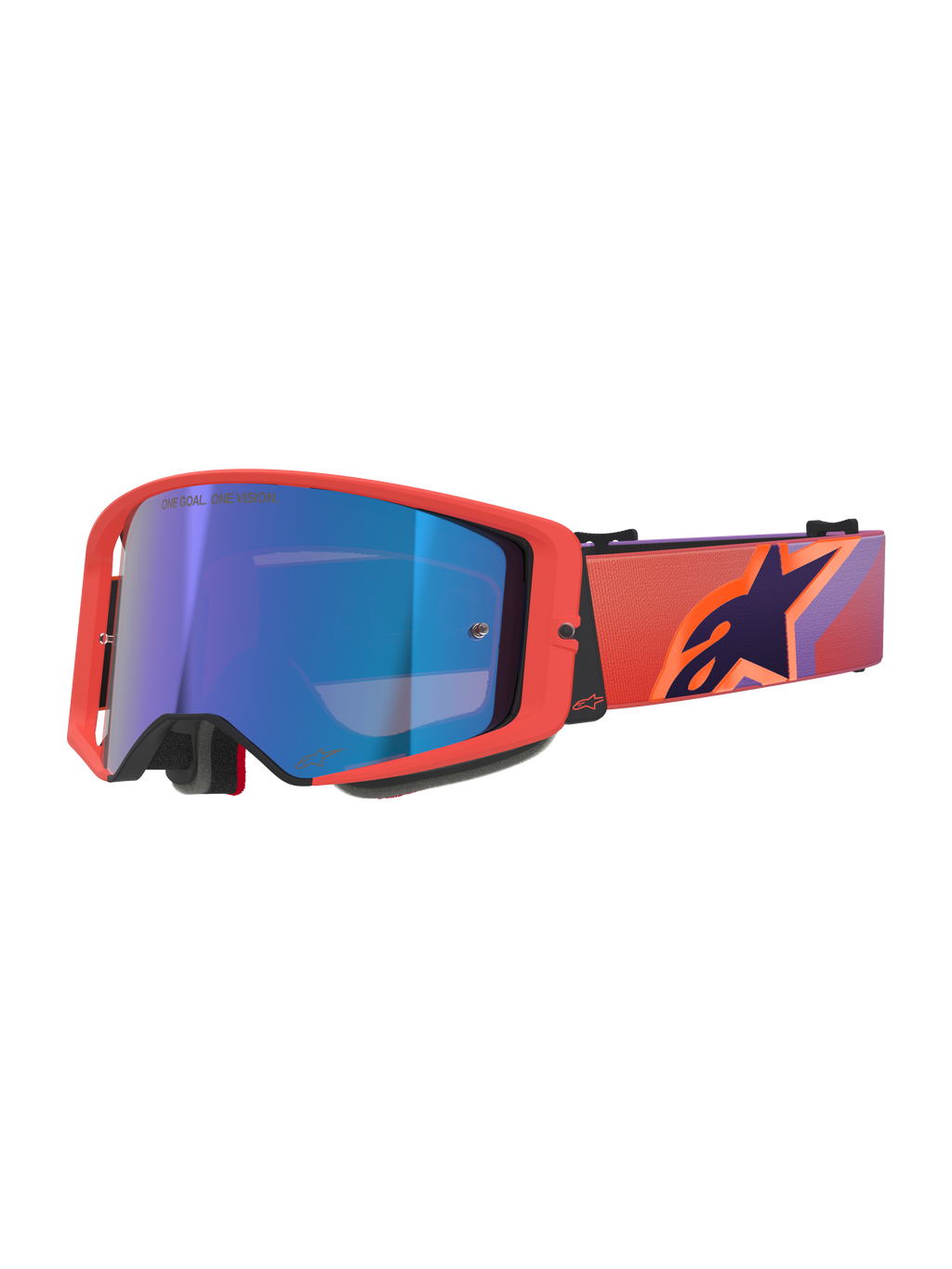 Alpinestars Supertech Vision Corp Goggles, motocrossglasögon, Hot Coral-ram med blåtonad spegellins, lila och orange mönstrat band med Alpinestars-logotyp, högpresterande glasögon för terrängkörning