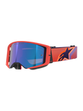 Alpinestars Supertech Vision Corp Goggles, motocrossglasögon, Hot Coral-ram med blåtonad spegellins, lila och orange mönstrat band med Alpinestars-logotyp, högpresterande glasögon för terrängkörning