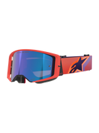 Alpinestars Supertech Vision Corp Goggles, motocrossglasögon, Hot Coral-ram med blåtonad spegellins, lila och orange mönstrat band med Alpinestars-logotyp, högpresterande glasögon för terrängkörning
