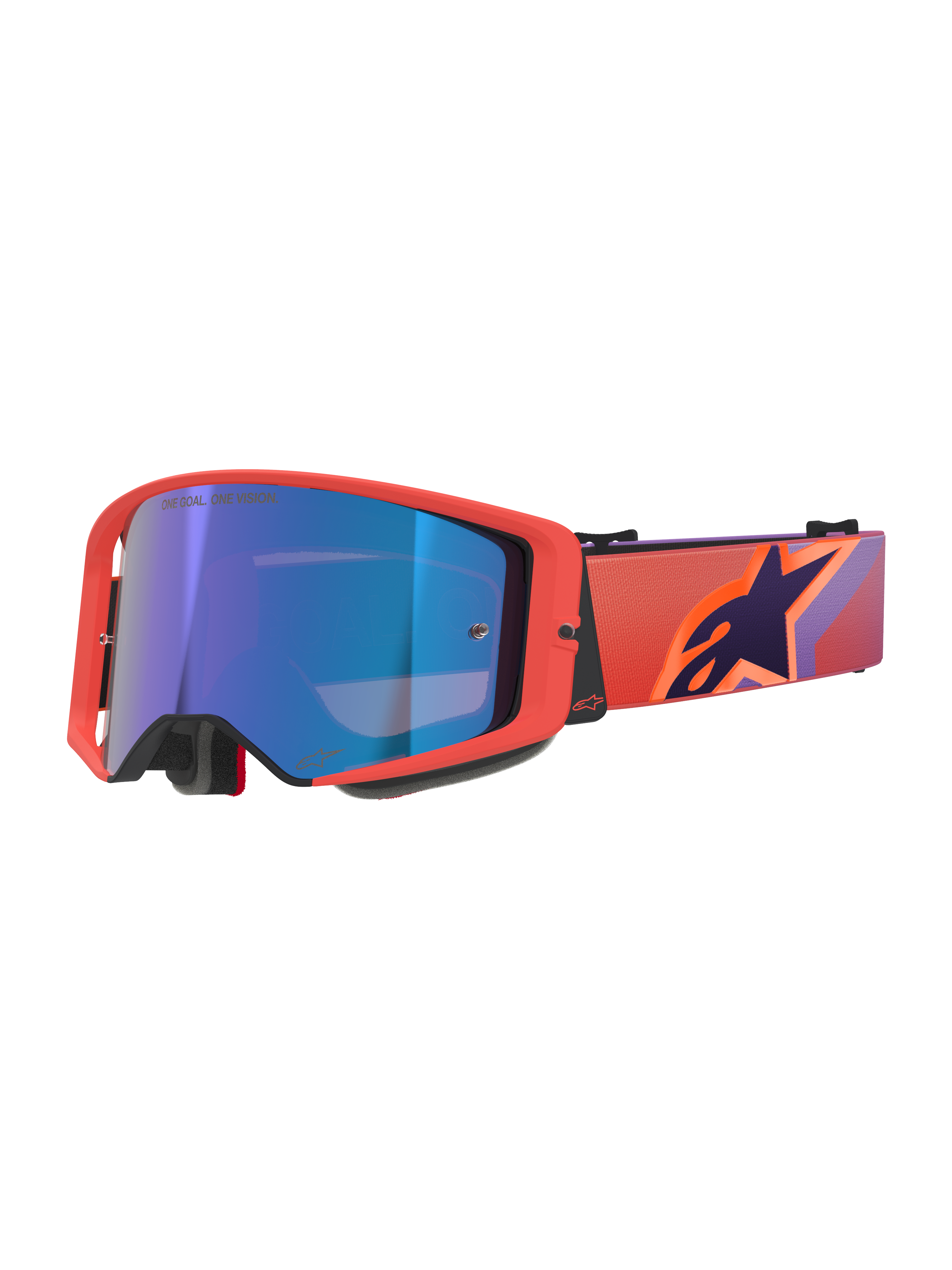 Alpinestars Supertech Vision Corp Goggles, motocrossglasögon, Hot Coral-ram med blåtonad spegellins, lila och orange mönstrat band med Alpinestars-logotyp, högpresterande glasögon för terrängkörning