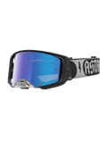 Alpinestars Supertech Atrox Goggles, motocross-goggles för professionell racing, svart ram med blå spegellins, silverglittrigt band med märkesgrafik, designade för optimal sikt och komfort vid terrängkörning.