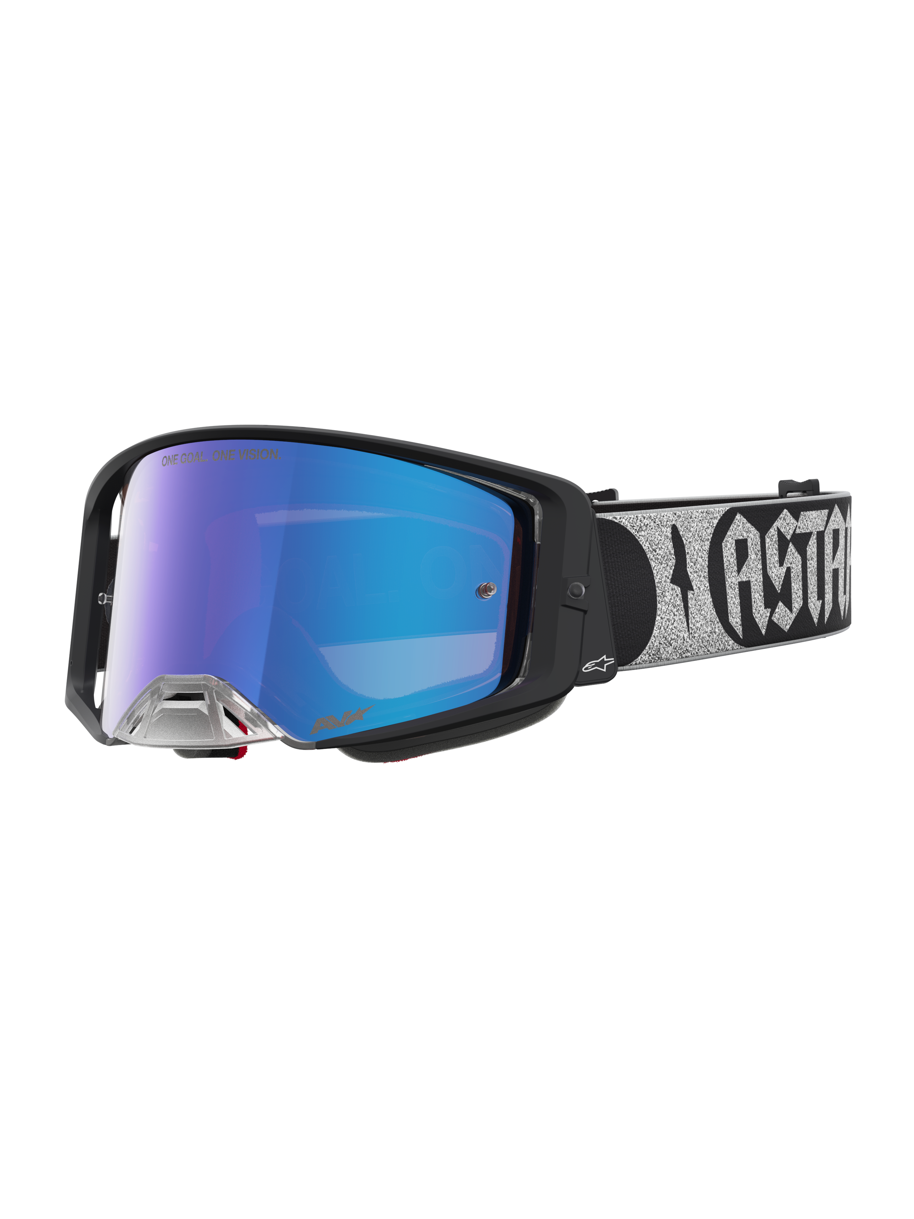 Alpinestars Supertech Atrox Goggles, motocross-goggles för professionell racing, svart ram med blå spegellins, silverglittrigt band med märkesgrafik, designade för optimal sikt och komfort vid terrängkörning.