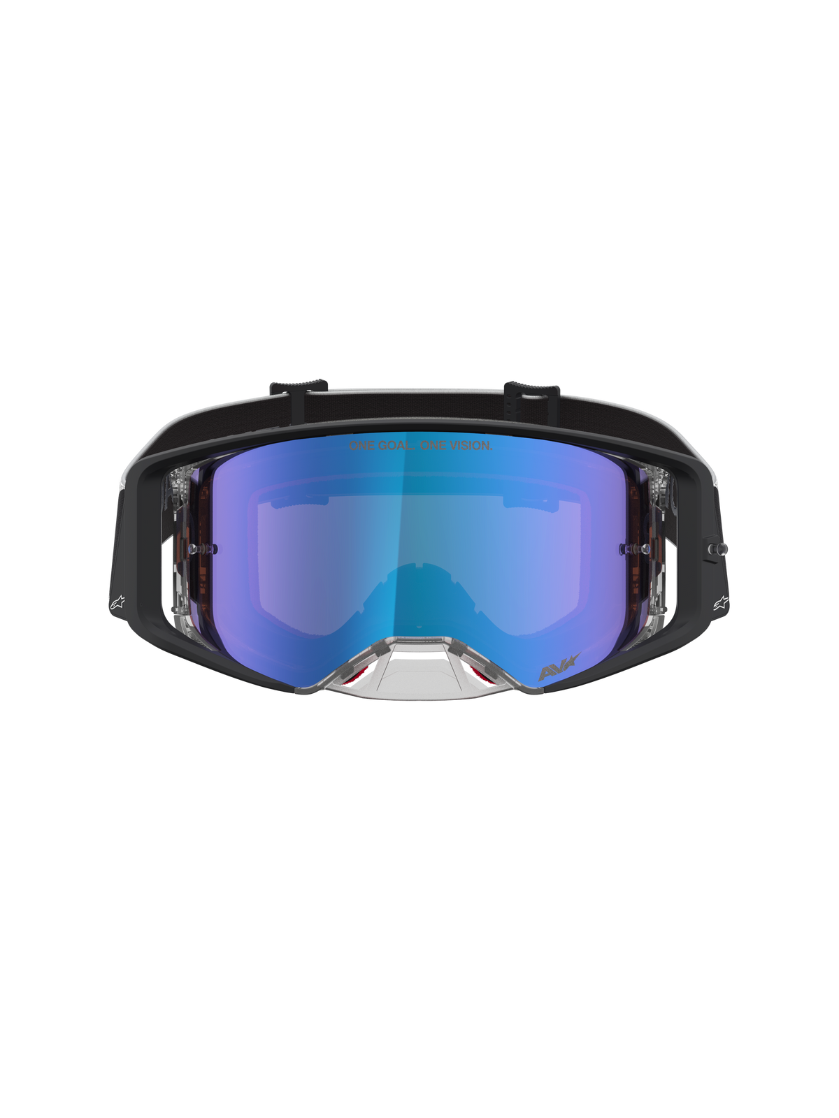 Alpinestars Supertech Atrox goggles, svarta motocrossgoggles med blå speglande polykarbonatlins, imskydd och hög optisk klarhet för terrängkörning.