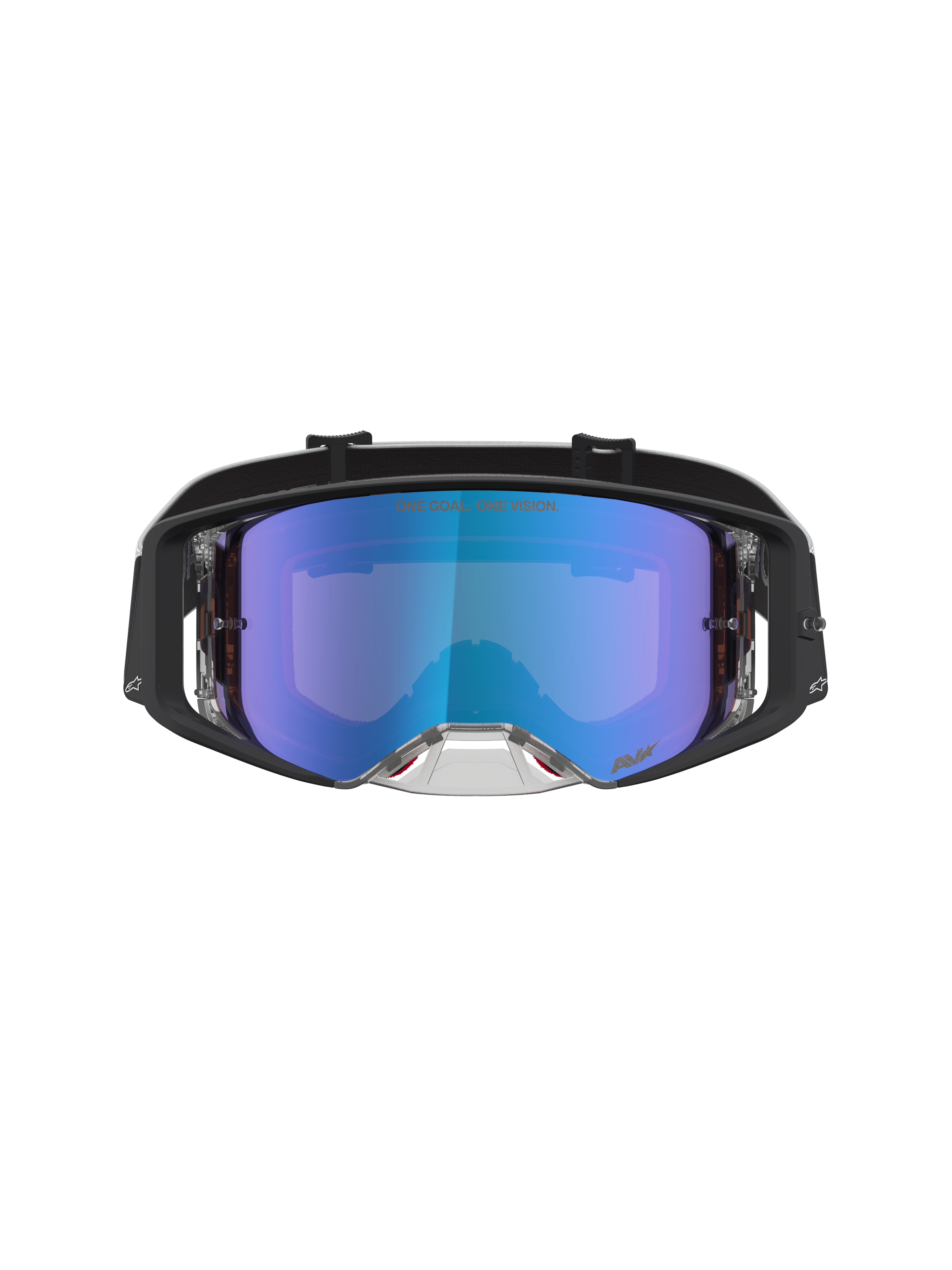 Alpinestars Supertech Atrox goggles, svarta motocrossgoggles med blå speglande polykarbonatlins, imskydd och hög optisk klarhet för terrängkörning.