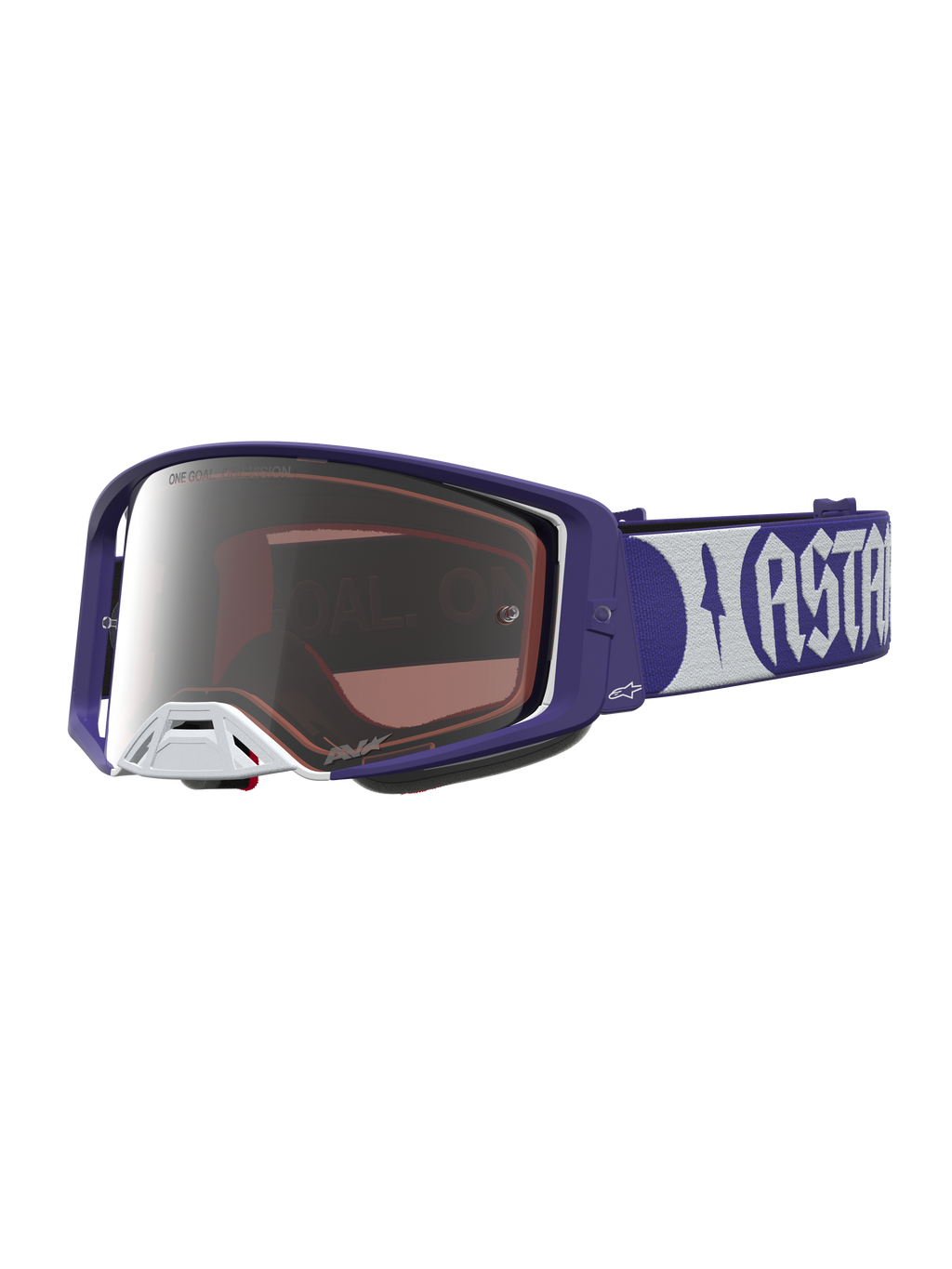 Alpinestars Supertech Atrox goggles, mörkblå och vita motocross racinggoggles med silverspegelglas och bred rem.