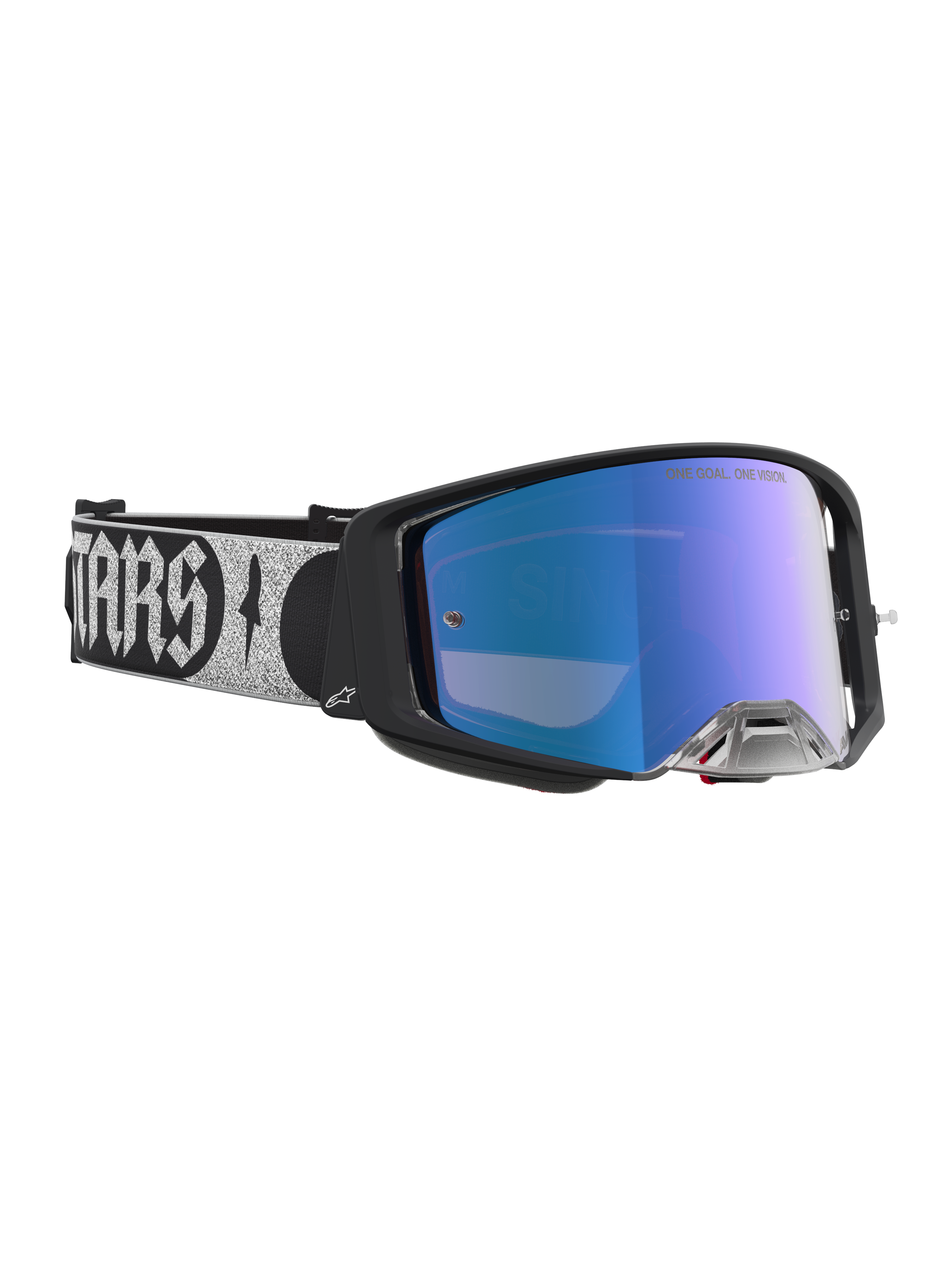 Alpinestars Supertech Atrox goggles för motocross, svart ram, blå spegellins och brett silverfärgat justerbart band.