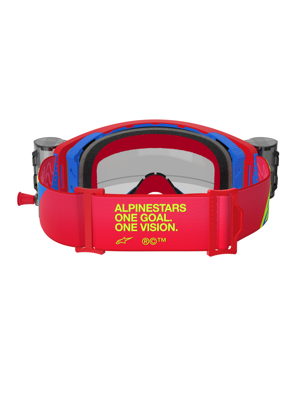 Alpinestars Supertech Corp Goggles, röda och blå motocrossglasögon, baksida som visar rött justerbart band med gul 'ALPINESTARS ONE GOAL. ONE VISION.'-branding, integrerade roll-off-kassetter och svart flerskiktat ansiktsskum