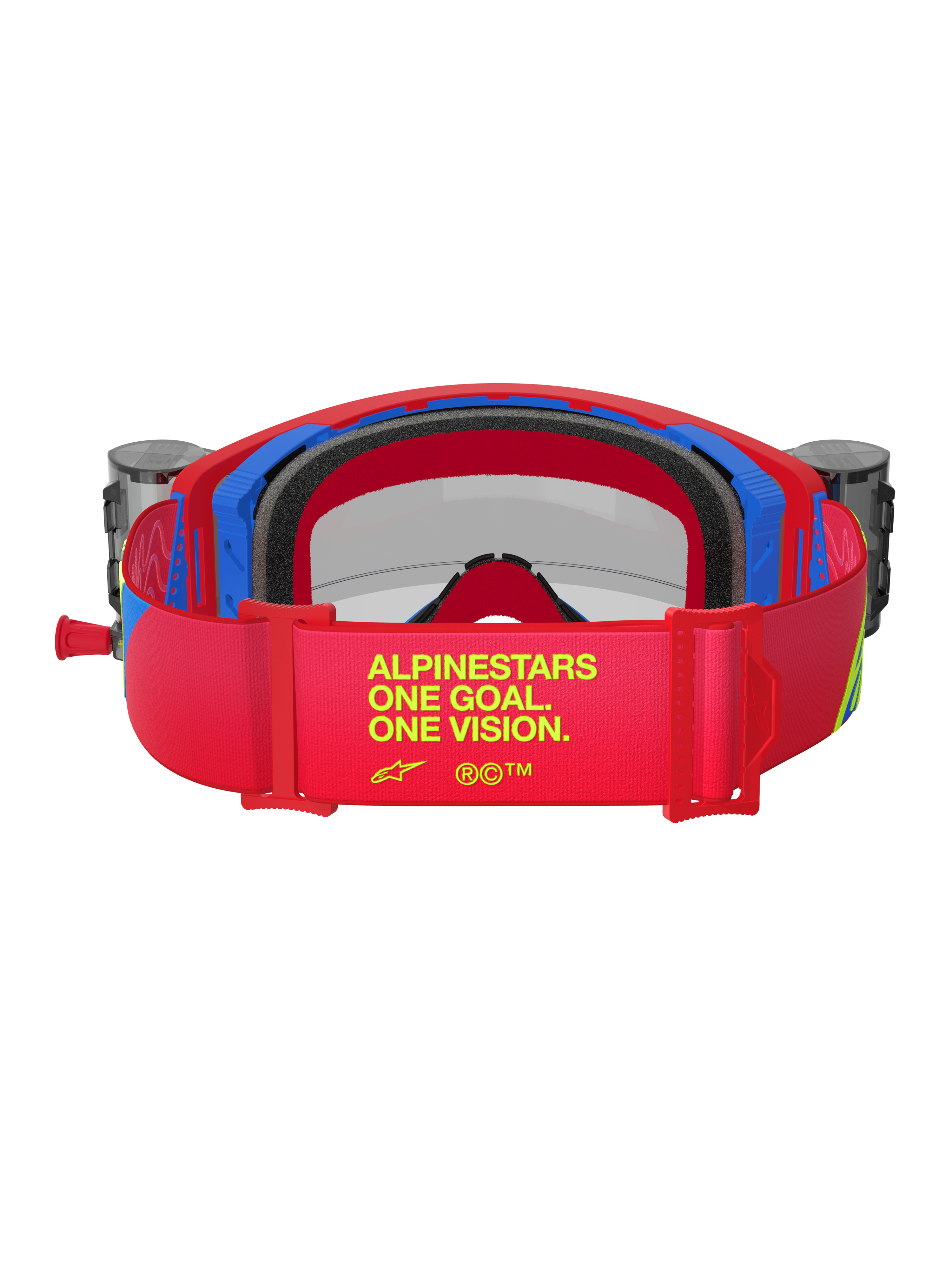 Alpinestars Supertech Corp Goggles, röda och blå motocrossglasögon, baksida som visar rött justerbart band med gul 'ALPINESTARS ONE GOAL. ONE VISION.'-branding, integrerade roll-off-kassetter och svart flerskiktat ansiktsskum