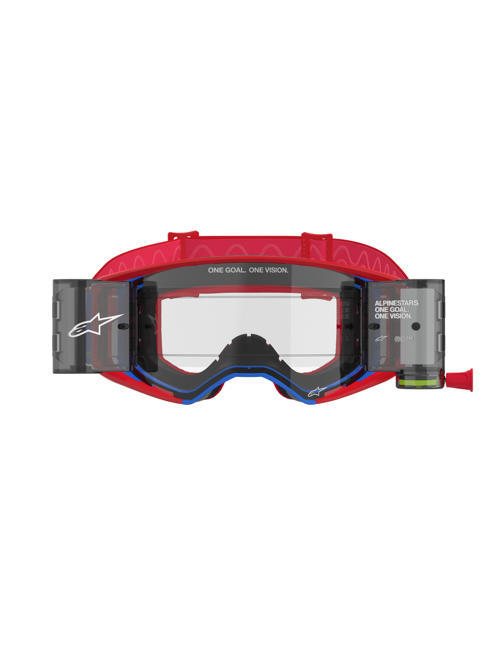 Alpinestars Supertech Corp Goggles Roll Off, motocrossglasögon, röda och blå, klar formsprutad lins med integrerade roll-off-kassetter och film, rött mönstrat band, professionellt ögonskydd för terrängkörning
