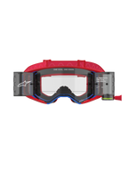 Alpinestars Supertech Corp Goggles Roll Off, motocrossglasögon, röda och blå, klar formsprutad lins med integrerade roll-off-kassetter och film, rött mönstrat band, professionellt ögonskydd för terrängkörning
