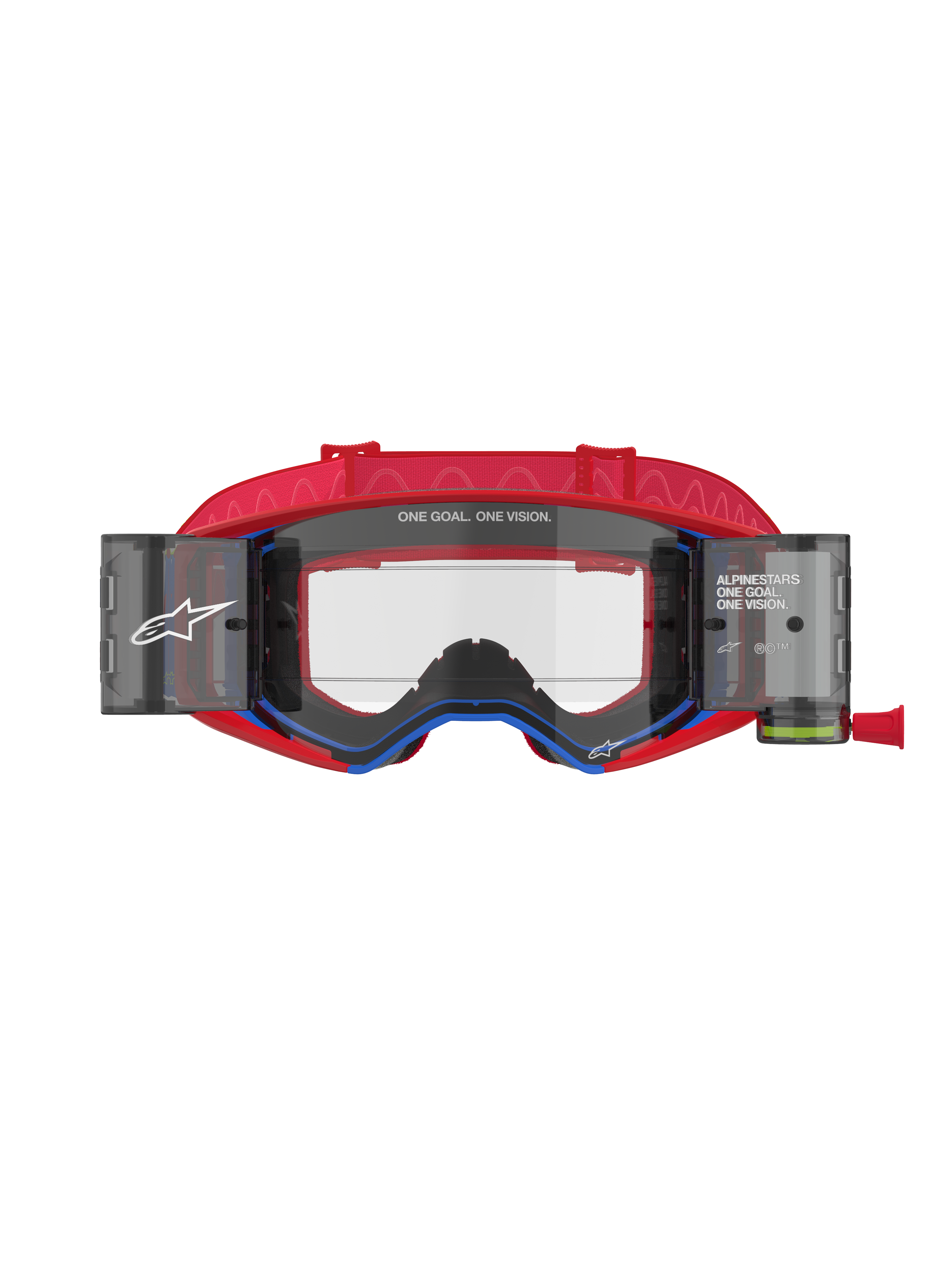 Alpinestars Supertech Corp Goggles Roll Off, motocrossglasögon, röda och blå, klar formsprutad lins med integrerade roll-off-kassetter och film, rött mönstrat band, professionellt ögonskydd för terrängkörning