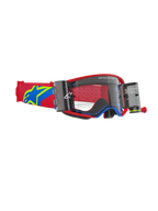 Alpinestars Supertech Corp Goggles Roll Off, motocrossglasögon, röd och blå ram med klar lins, integrerat Wide Vision Roll-Off-system med dubbla kassetter, röd justerbar rem med en blå och gul stjärnlogotyp, ögonskydd av professionell kvalitet för offroad-racing.