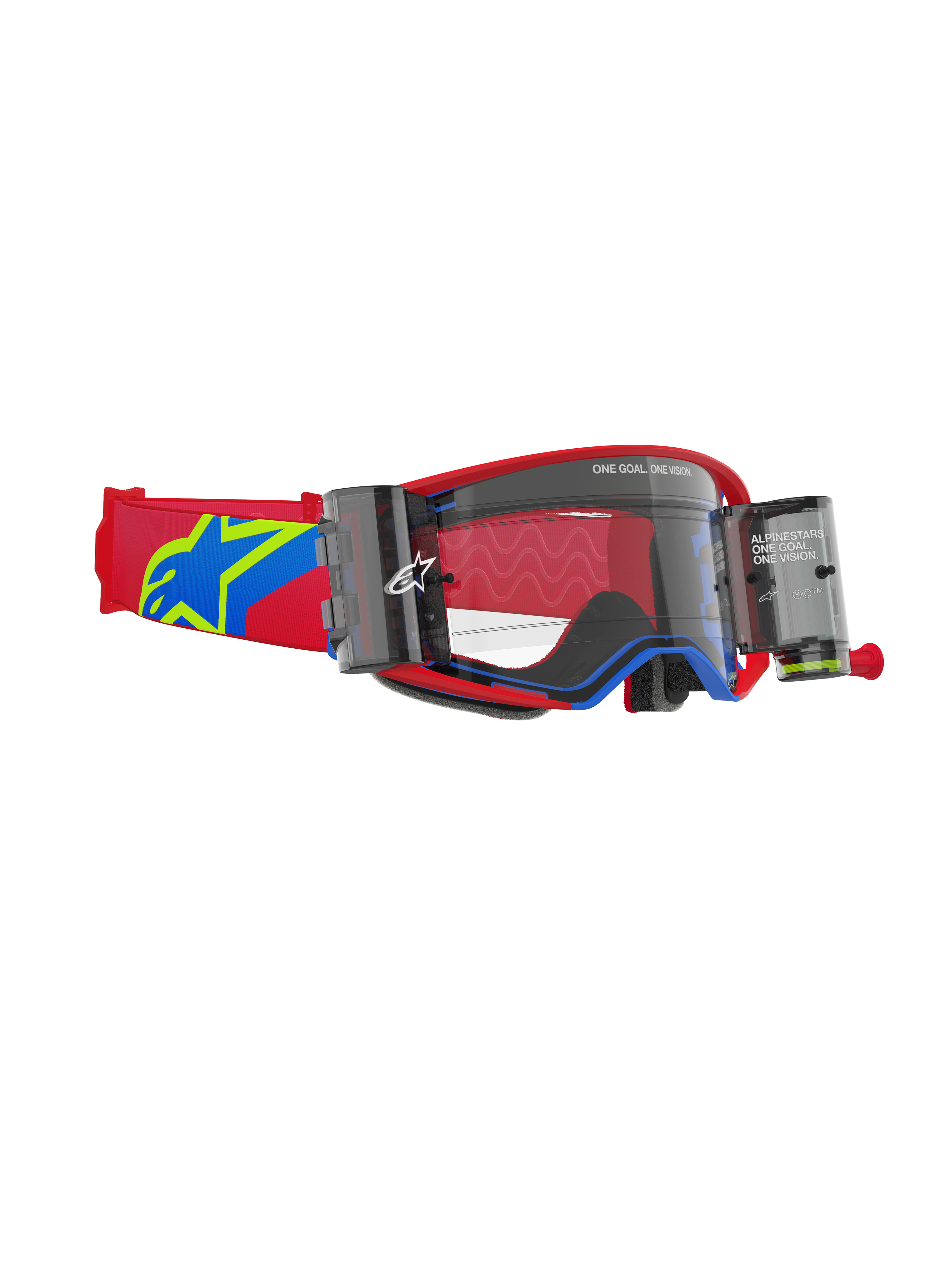 Alpinestars Supertech Corp Goggles Roll Off, motocrossglasögon, röd och blå ram med klar lins, integrerat Wide Vision Roll-Off-system med dubbla kassetter, röd justerbar rem med en blå och gul stjärnlogotyp, ögonskydd av professionell kvalitet för offroad-racing.