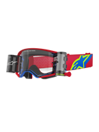 Alpinestars Supertech Corp Goggles Roll Off, motocrossglasögon, röda och blå med klar lins, integrerat Wide Vision Roll-Off-system, klar formsprutad lins, röd ram med blå detaljer, bred röd rem med blå och gul stjärnlogotyp, professionellt ögonskydd för offroad-racing