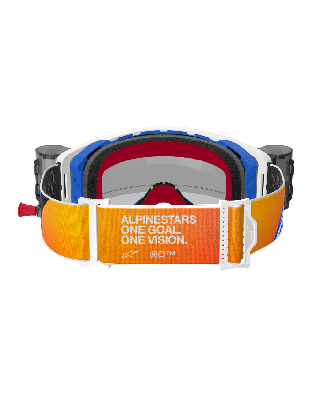 Alpinestars Supertech Corp Goggles Roll Off, vy bakifrån, orange och gul tonad rem med vit text "Alpinestars One Goal. One Vision.", blå och vita ramdetaljer med svart 3D-format ansiktsskum, integrerade roll-off-behållare synliga på sidorna