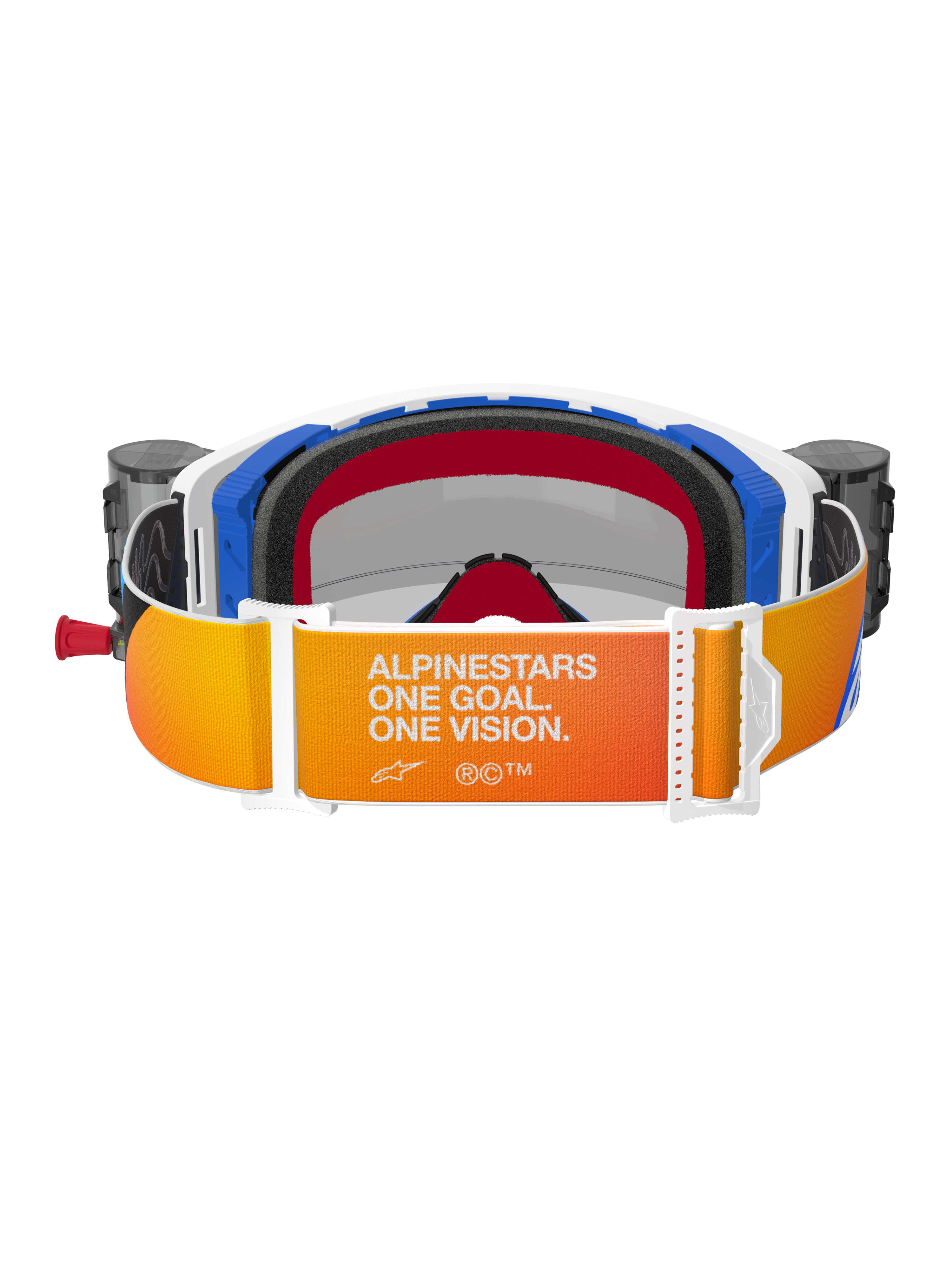 Alpinestars Supertech Corp Goggles Roll Off, vy bakifrån, orange och gul tonad rem med vit text "Alpinestars One Goal. One Vision.", blå och vita ramdetaljer med svart 3D-format ansiktsskum, integrerade roll-off-behållare synliga på sidorna