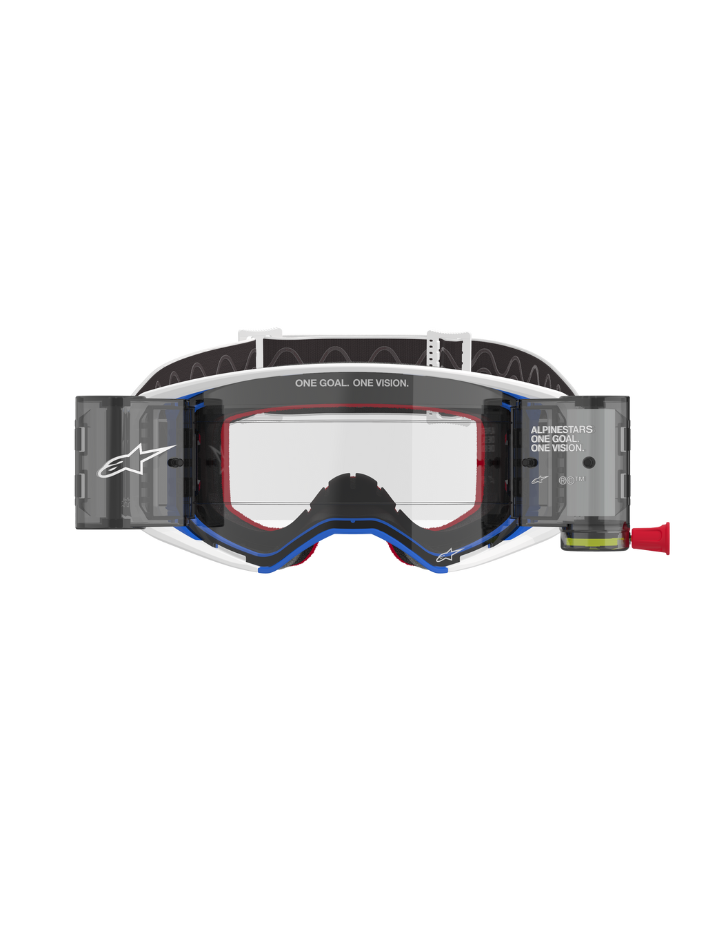 Alpinestars Supertech Corp Goggles Roll Off, motocrossglasögon, blå och vit ram med orangea detaljer, integrerat wide-view roll-off-system med klar lins, professionellt ögonskydd för terrängkörning med Alpinestars logotyp och texten "One Goal. One Vision."
