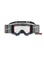 Alpinestars Supertech Corp Goggles Roll Off, motocrossglasögon, blå och vit ram med orangea detaljer, integrerat wide-view roll-off-system med klar lins, professionellt ögonskydd för terrängkörning med Alpinestars logotyp och texten "One Goal. One Vision."