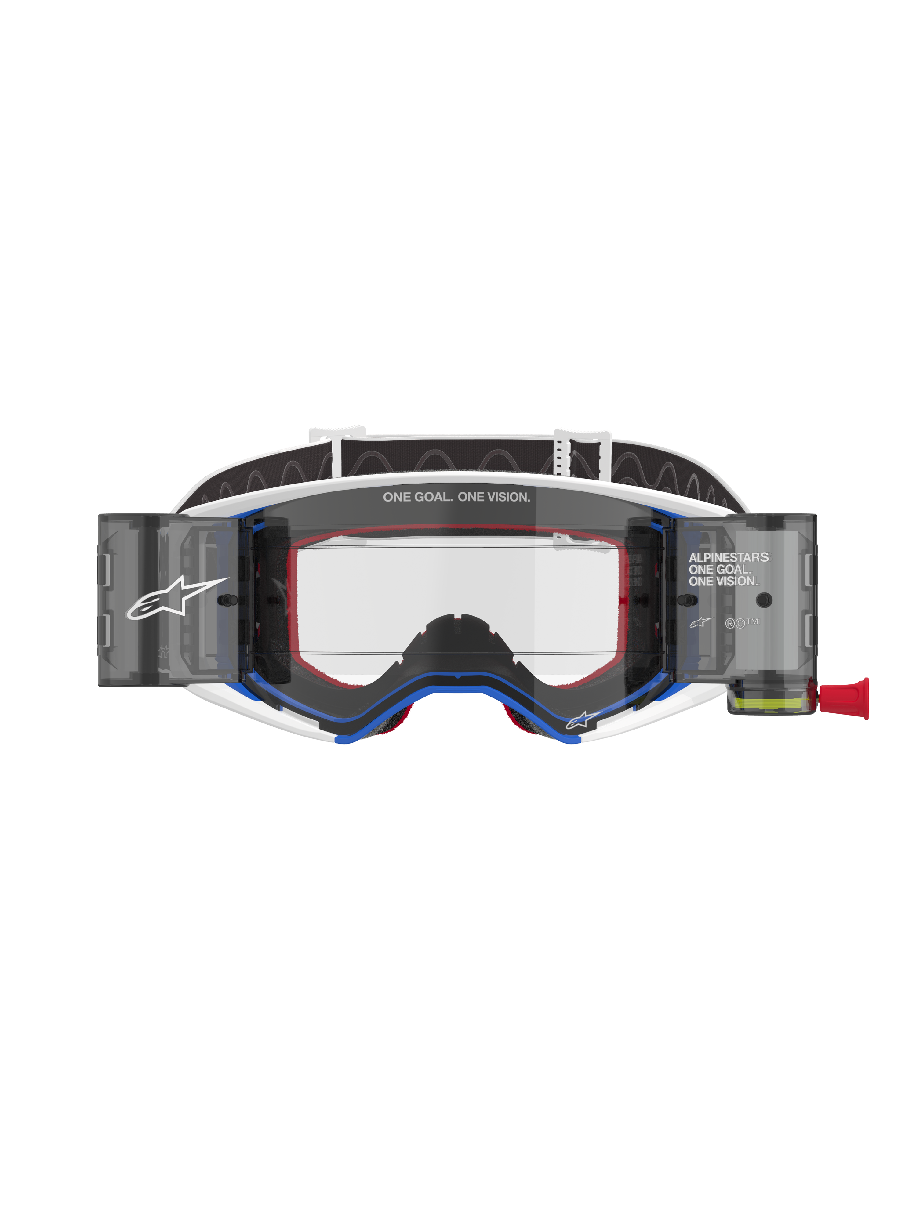 Alpinestars Supertech Corp Goggles Roll Off, motocrossglasögon, blå och vit ram med orangea detaljer, integrerat wide-view roll-off-system med klar lins, professionellt ögonskydd för terrängkörning med Alpinestars logotyp och texten "One Goal. One Vision."