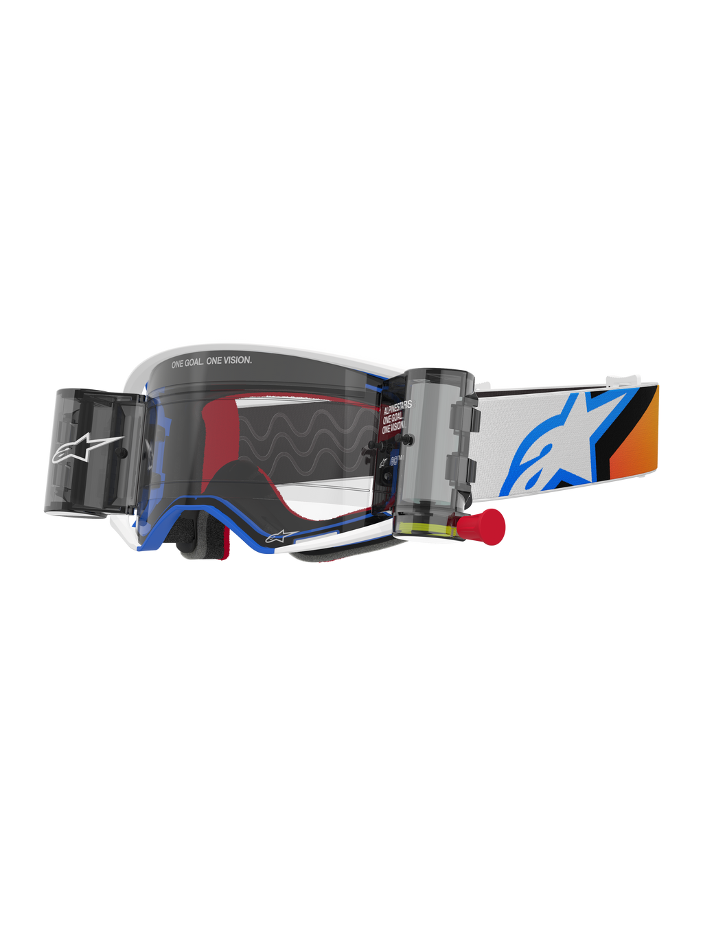 Alpinestars Supertech Corp Goggles Roll Off, motocrossglasögon, blå och orange design, vit ram med klar lins och roll-off-system, har wide vision-patroner och en blå Astars-logotyp på remmen.