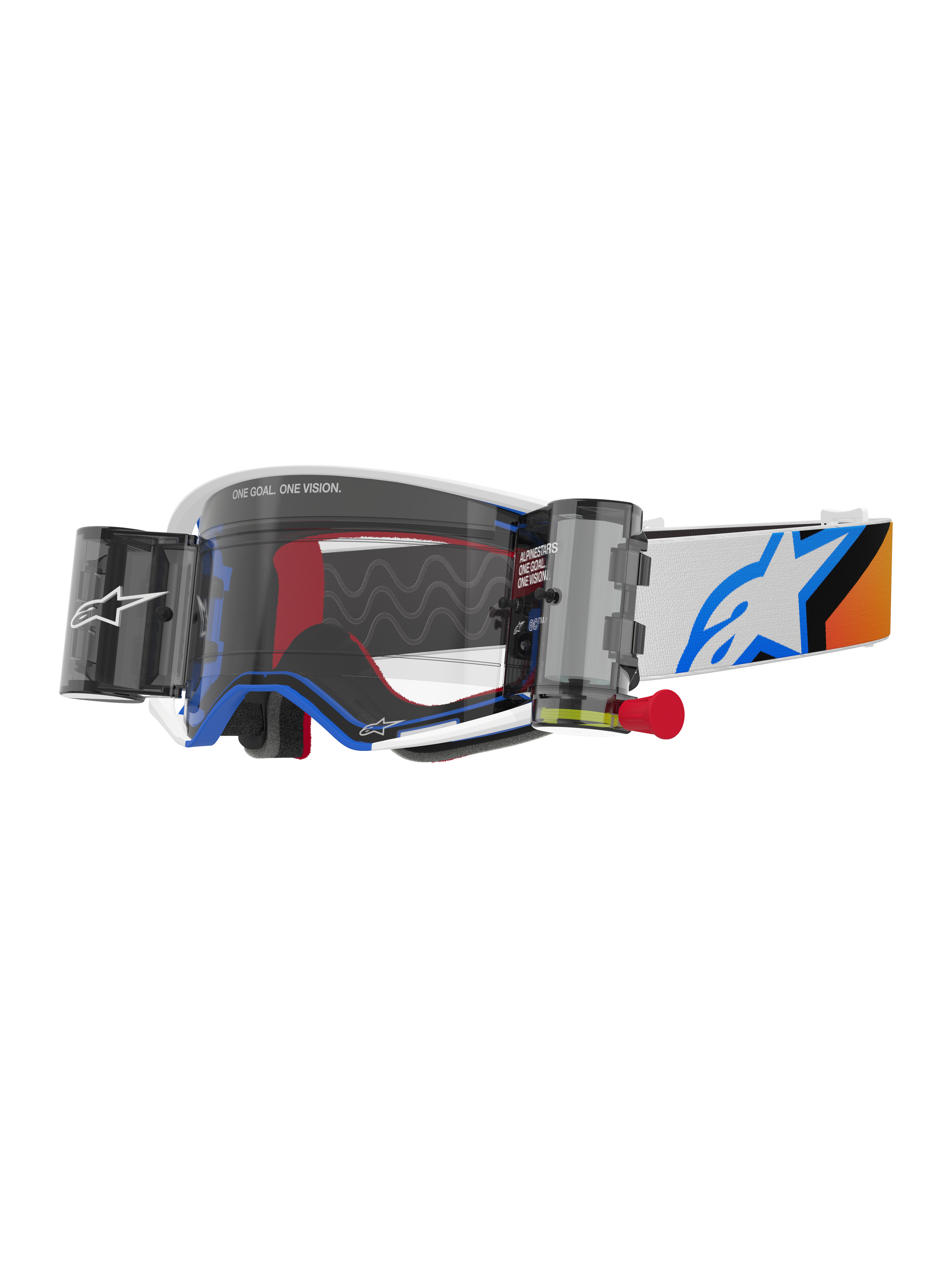 Alpinestars Supertech Corp Goggles Roll Off, motocrossglasögon, blå och orange design, vit ram med klar lins och roll-off-system, har wide vision-patroner och en blå Astars-logotyp på remmen.