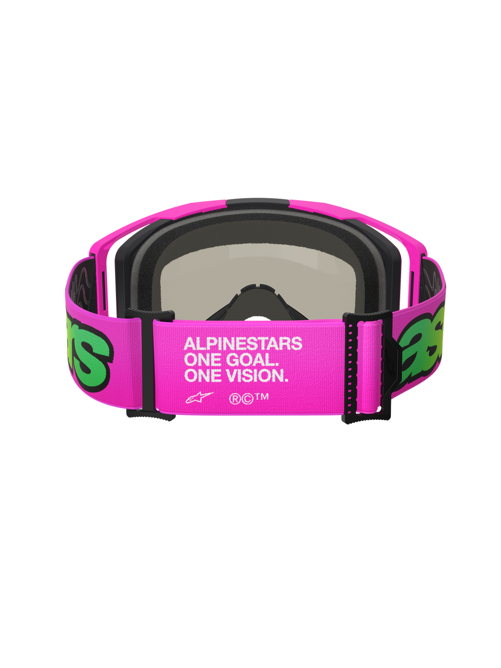 Alpinestars Vision 8 Vista Goggles, motocrossglasögon, rosa och fluorescerande gula, baksida av det breda justerbara bandet med vit 'One Goal. One Vision.'-branding, rosa ram med svart ansiktsskum, högpresterande skyddsglasögon för terrängkörning