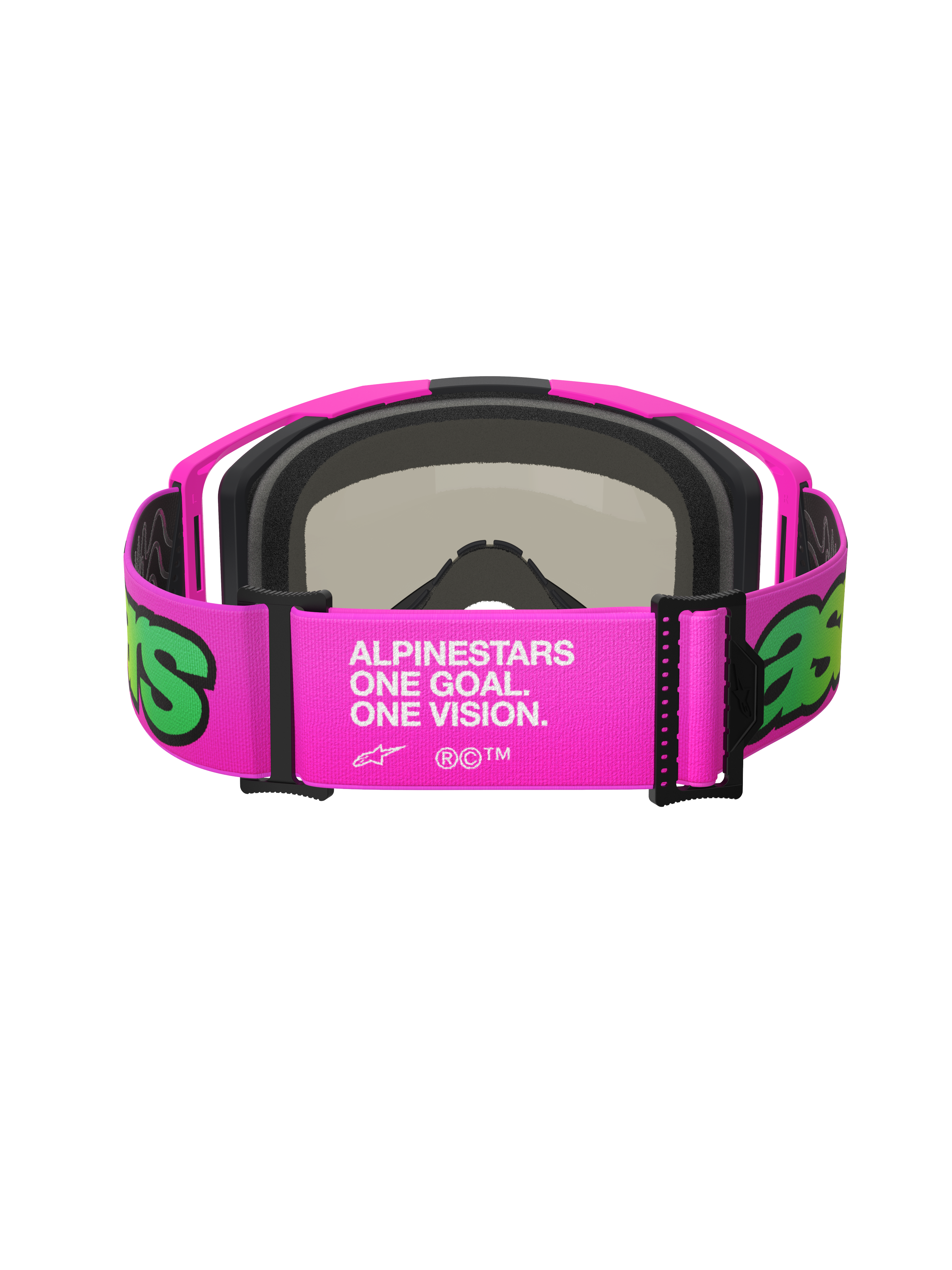 Alpinestars Vision 8 Vista Goggles, motocrossglasögon, rosa och fluorescerande gula, baksida av det breda justerbara bandet med vit 'One Goal. One Vision.'-branding, rosa ram med svart ansiktsskum, högpresterande skyddsglasögon för terrängkörning