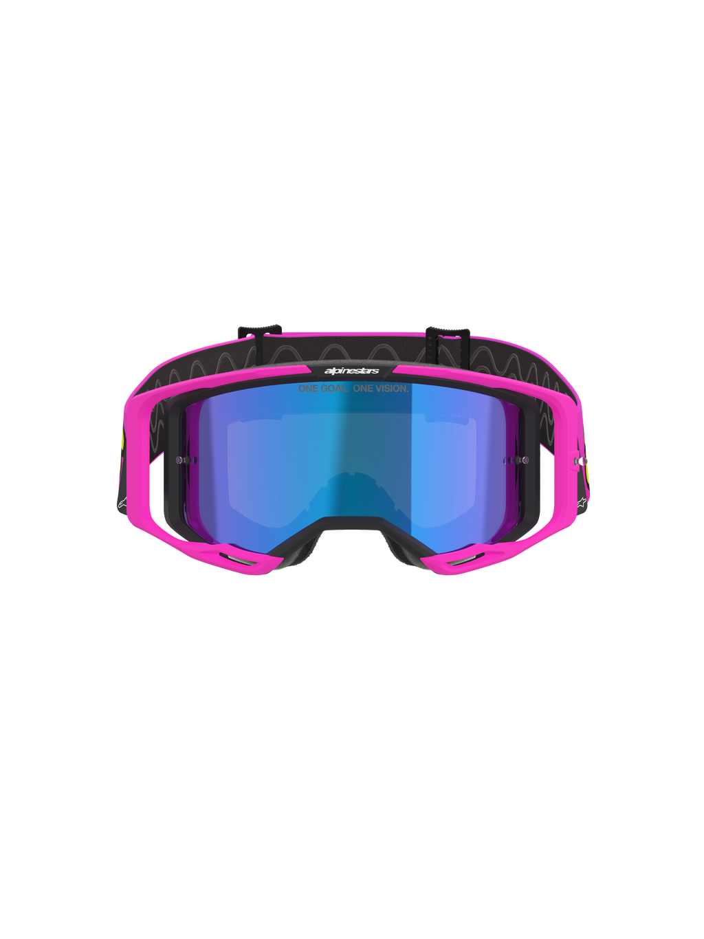 Alpinestars Vision 8 Vista Goggles, motocrossglasögon, fluorescerande rosa och fluorescerande gul med blå spegellins, klarrosa ram, blå spegellins, svart rem med 'ONE GOAL. ONE VISION.'-branding, professionella glasögon för terrängracing