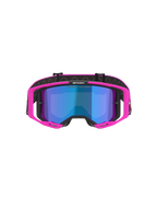 Alpinestars Vision 8 Vista Goggles, motocrossglasögon, fluorescerande rosa och fluorescerande gul med blå spegellins, klarrosa ram, blå spegellins, svart rem med 'ONE GOAL. ONE VISION.'-branding, professionella glasögon för terrängracing