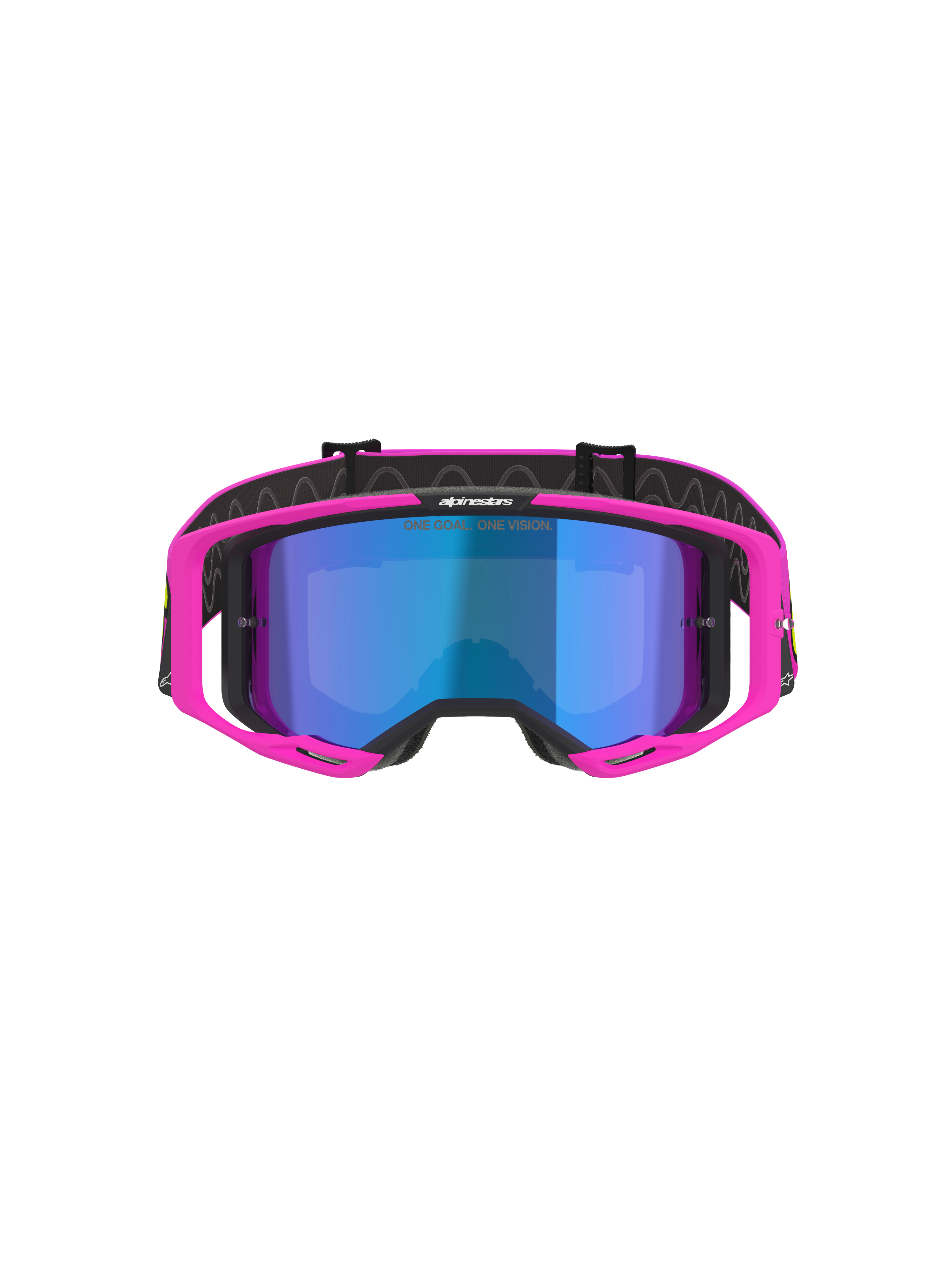 Alpinestars Vision 8 Vista Goggles, motocrossglasögon, fluorescerande rosa och fluorescerande gul med blå spegellins, klarrosa ram, blå spegellins, svart rem med 'ONE GOAL. ONE VISION.'-branding, professionella glasögon för terrängracing