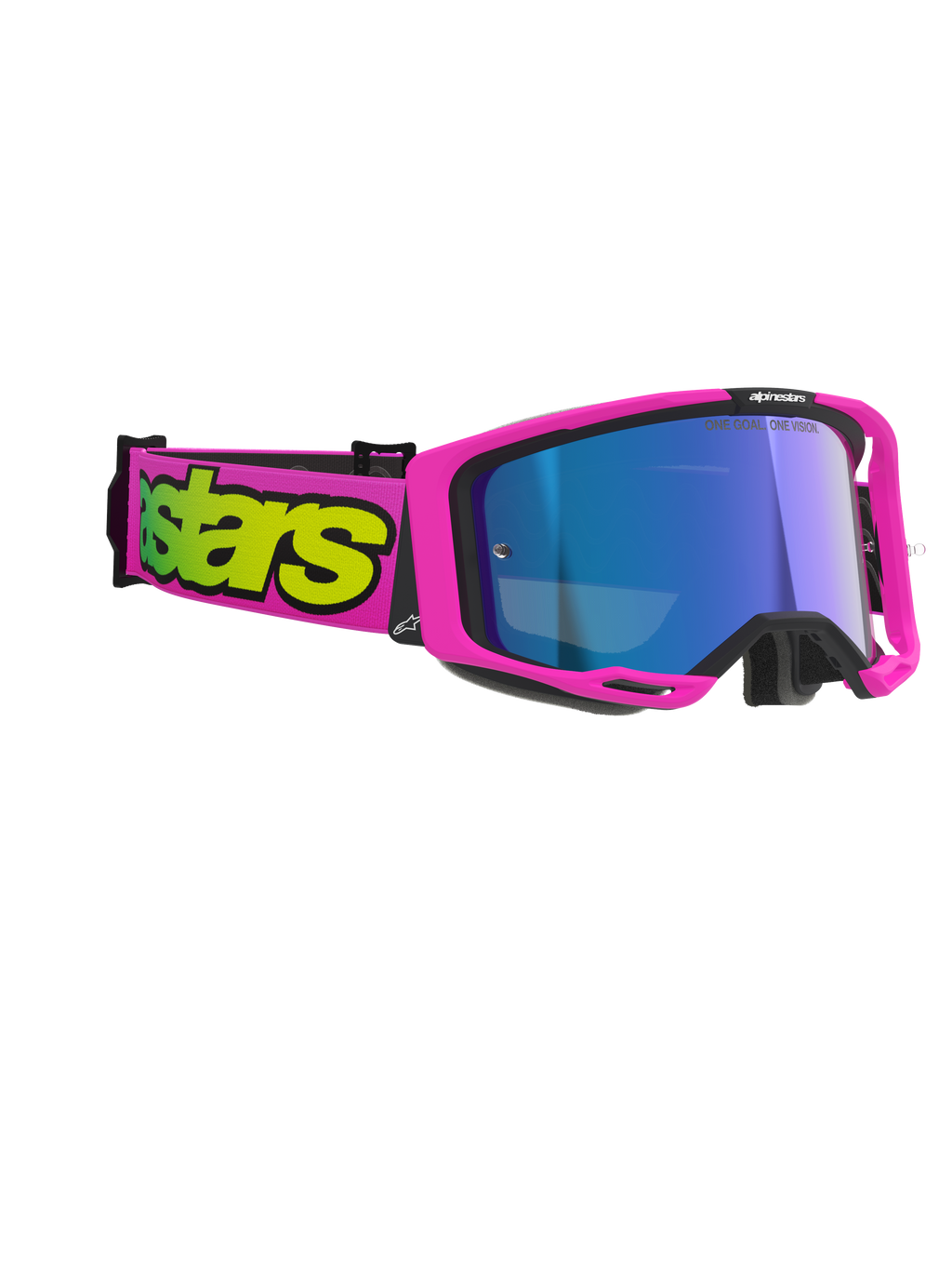 Alpinestars Vision 8 Vista Goggles, motocrossglasögon, neonrosa och neongula med blått spegelglas, livfull rosa ram och rem med framträdande gul logotyp, professionellt ögonskydd för terrängkörning
