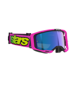 Alpinestars Vision 8 Vista Goggles, motocrossglasögon, neonrosa och neongula med blått spegelglas, livfull rosa ram och rem med framträdande gul logotyp, professionellt ögonskydd för terrängkörning