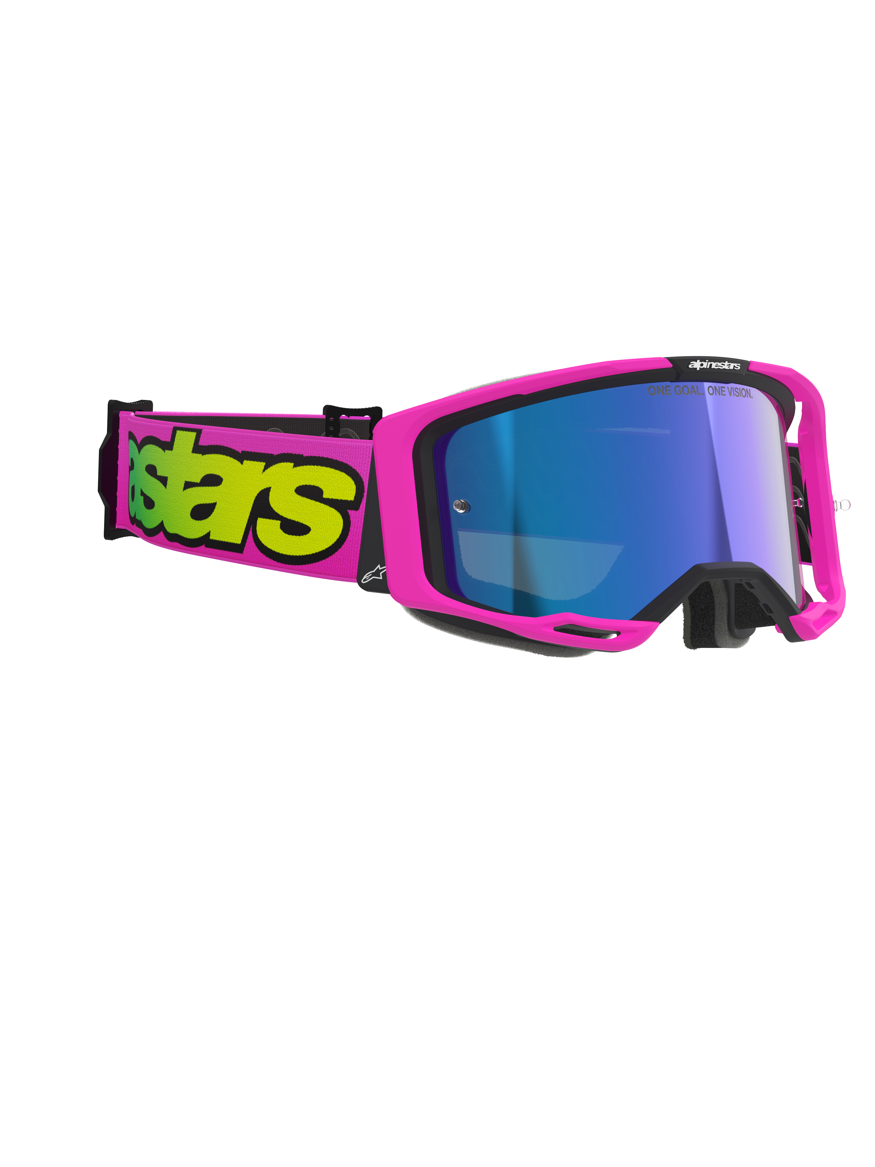 Alpinestars Vision 8 Vista Goggles, motocrossglasögon, neonrosa och neongula med blått spegelglas, livfull rosa ram och rem med framträdande gul logotyp, professionellt ögonskydd för terrängkörning