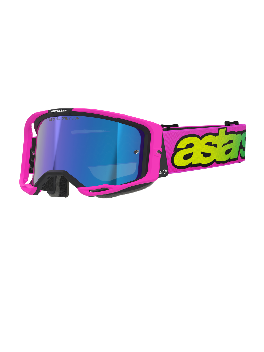Alpinestars Vision 8 Vista, motocrossglasögon, neonrosa och neongula med blå spegellins, klarrosa ram, brett rosa band med tydlig neongul logotyp, högpresterande glasögon för terrängkörning