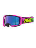 Alpinestars Vision 8 Vista, motocrossglasögon, neonrosa och neongula med blå spegellins, klarrosa ram, brett rosa band med tydlig neongul logotyp, högpresterande glasögon för terrängkörning