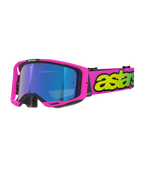 Alpinestars Vision 8 Vista, motocrossglasögon, neonrosa och neongula med blå spegellins, klarrosa ram, brett rosa band med tydlig neongul logotyp, högpresterande glasögon för terrängkörning