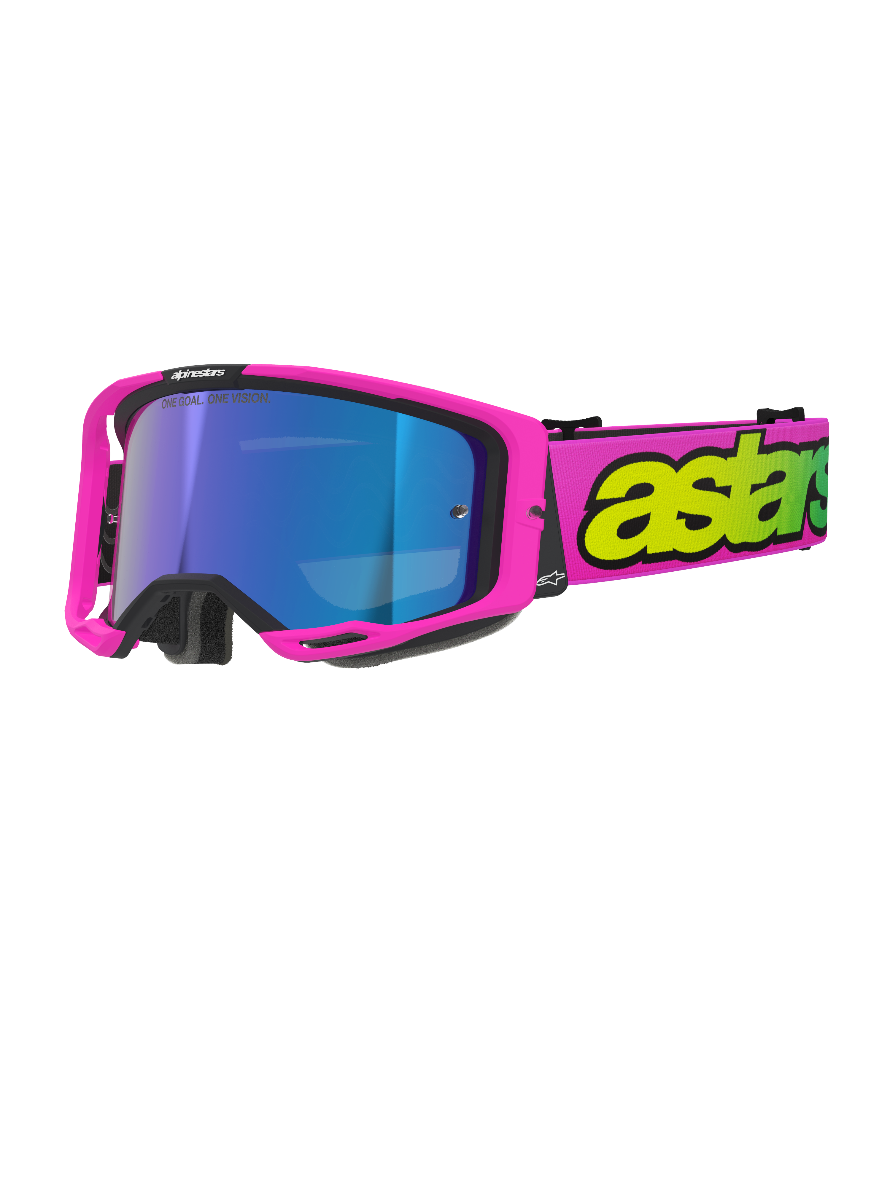 Alpinestars Vision 8 Vista, motocrossglasögon, neonrosa och neongula med blå spegellins, klarrosa ram, brett rosa band med tydlig neongul logotyp, högpresterande glasögon för terrängkörning