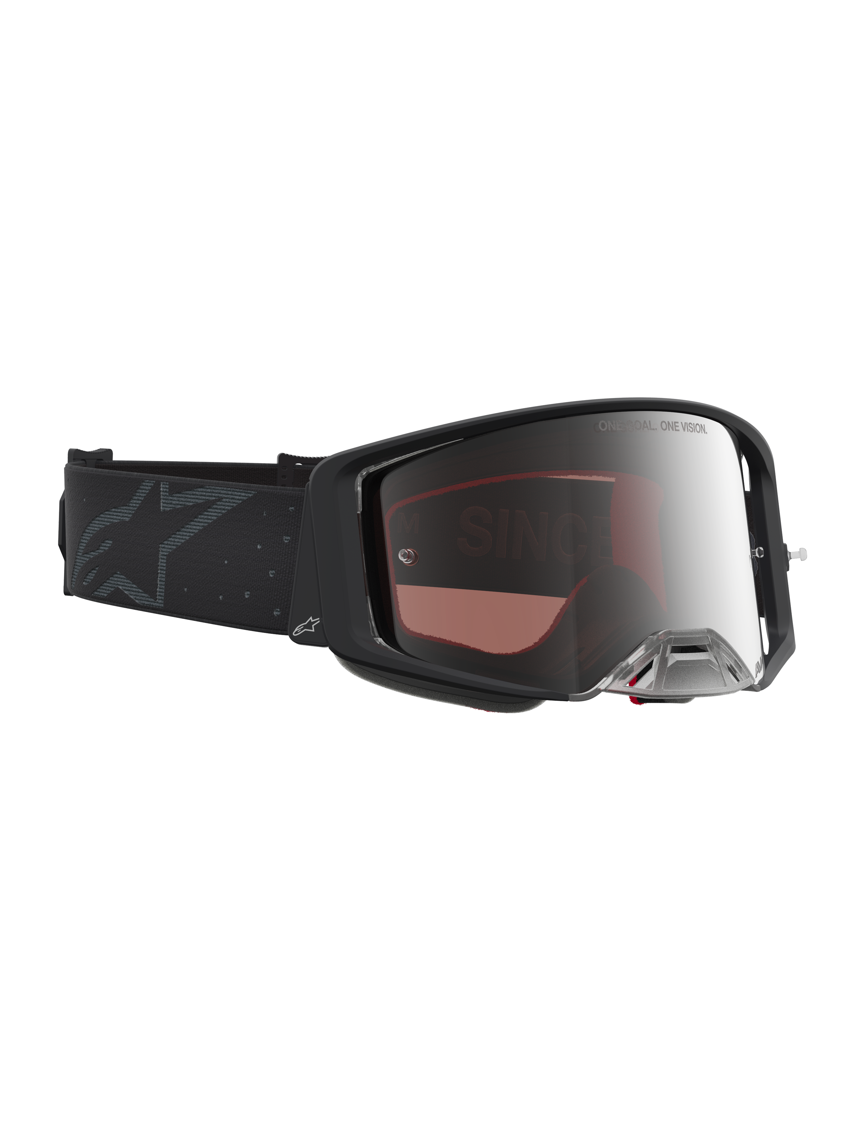 Alpinestars Supertech Cloak goggles, premium motocrossgoggles i svart med silverfärgad lins för terrängkörning.