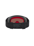 Alpinestars Supertech Cloak goggles, svarta motocrossgoggles med silverlins, vy bakifrån med rött skum och logotypförsedd rem.