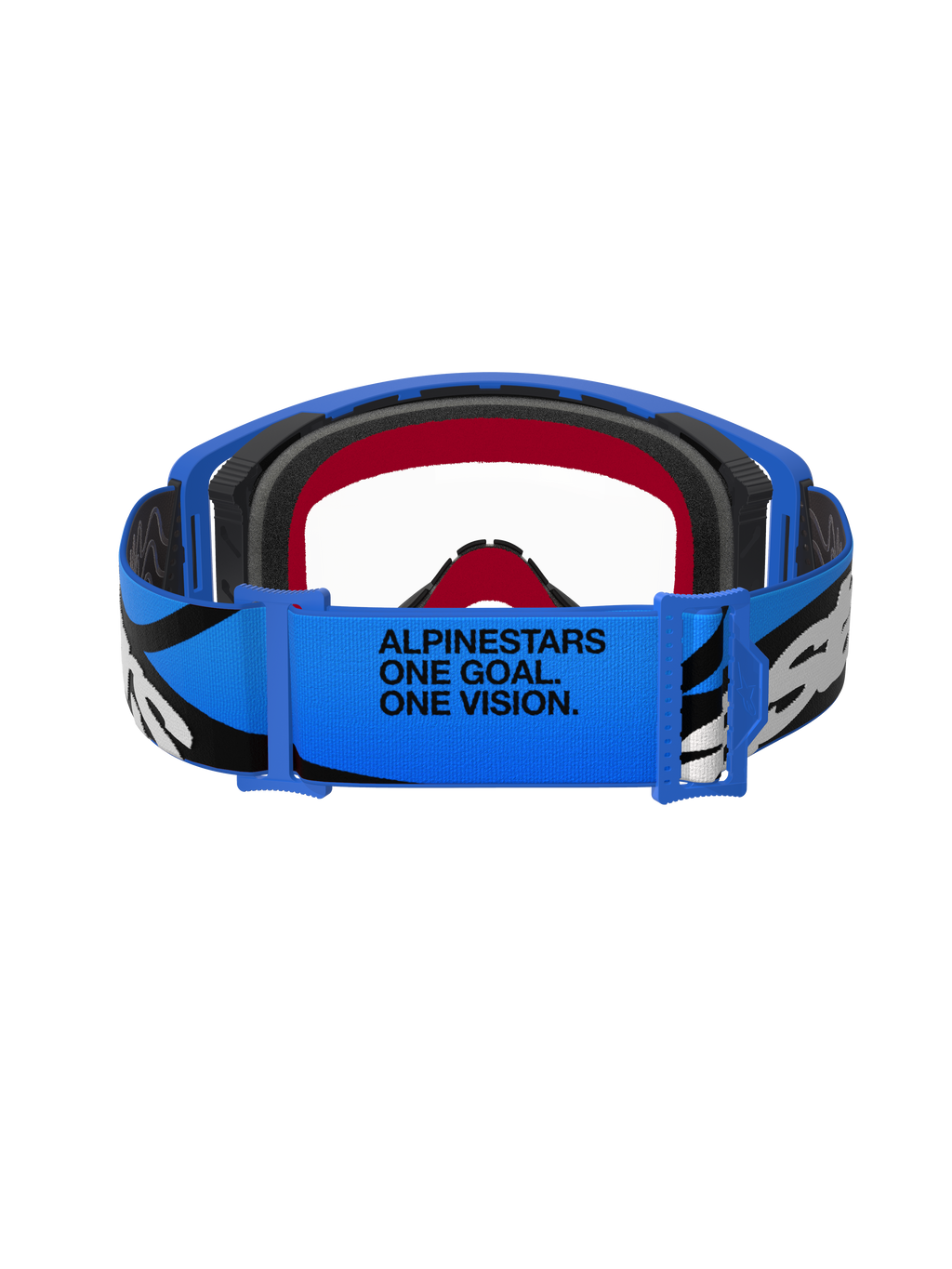 Alpinestars Supertech Stream goggles, motocrossglasögon, blå och klara, vy bakifrån på det blå bandet med texten "ALPINESTARS ONE GOAL. ONE VISION.", svartvit grafik och röd och svart skumvaddering