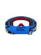 Alpinestars Supertech Stream goggles, motocrossglasögon, blå och klara, vy bakifrån på det blå bandet med texten "ALPINESTARS ONE GOAL. ONE VISION.", svartvit grafik och röd och svart skumvaddering
