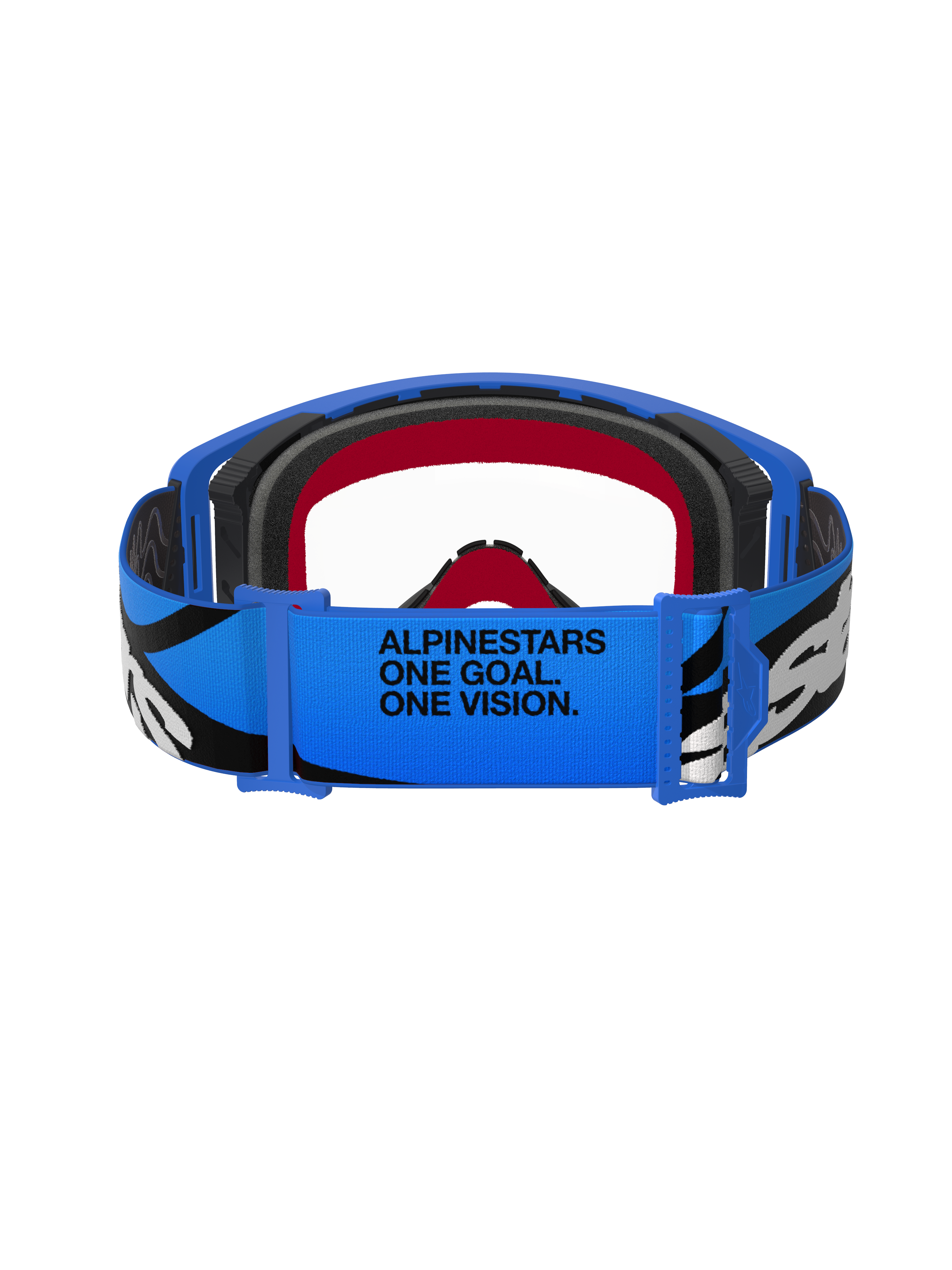 Alpinestars Supertech Stream goggles, motocrossglasögon, blå och klara, vy bakifrån på det blå bandet med texten "ALPINESTARS ONE GOAL. ONE VISION.", svartvit grafik och röd och svart skumvaddering
