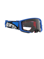 Alpinestars Supertech Stream Goggles, motocrossglasögon, blå ram och klar lins, blått och svart band med vit Alpinestars-logotyp, högpresterande glasögon för racing