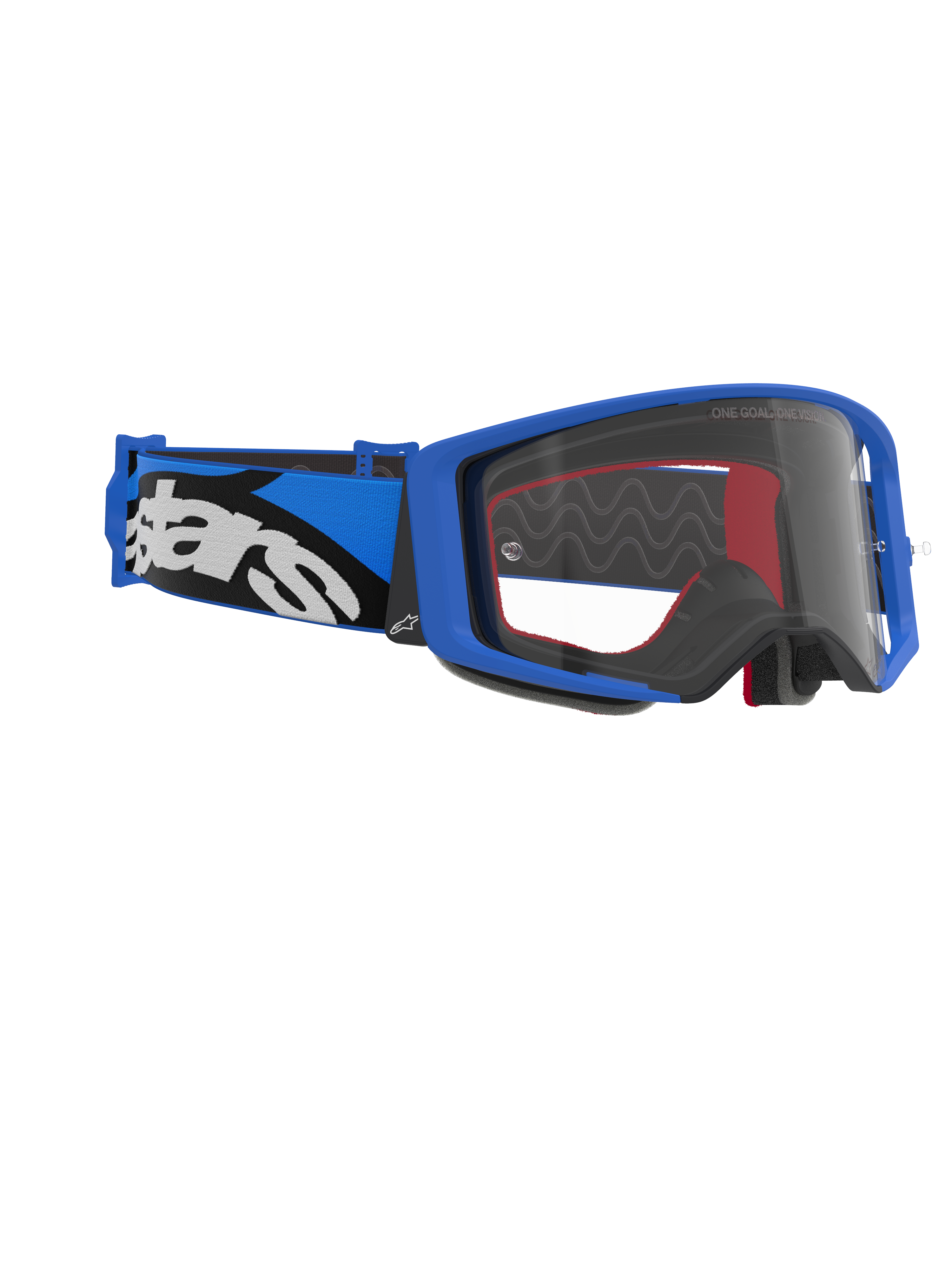 Alpinestars Supertech Stream Goggles, motocrossglasögon, blå ram och klar lins, blått och svart band med vit Alpinestars-logotyp, högpresterande glasögon för racing