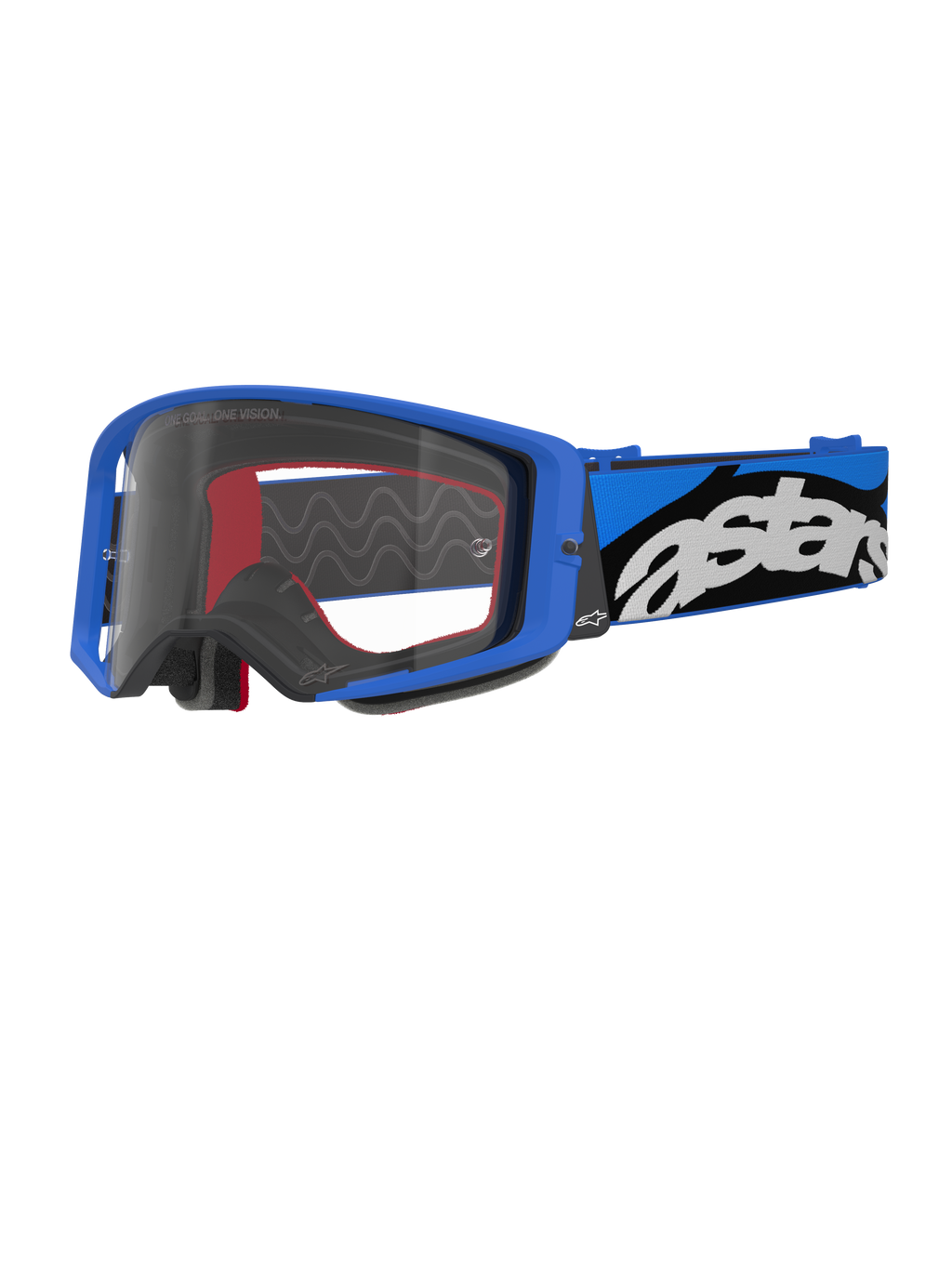 Alpinestars Supertech Stream Goggles, motocrossglasögon, blå och klar, klarblå ram med en klar lins, brett blått och svart justerbart band med en tydlig vit 'astars'-logotyp, röda inre skumdetaljer, professionella glasögon för offroad- och motocrosstävling