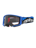 Alpinestars Supertech Stream Goggles, motocrossglasögon, blå och klar, klarblå ram med en klar lins, brett blått och svart justerbart band med en tydlig vit 'astars'-logotyp, röda inre skumdetaljer, professionella glasögon för offroad- och motocrosstävling