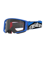 Alpinestars Supertech Stream Goggles, motocrossglasögon, blå och klar, klarblå ram med en klar lins, brett blått och svart justerbart band med en tydlig vit 'astars'-logotyp, röda inre skumdetaljer, professionella glasögon för offroad- och motocrosstävling
