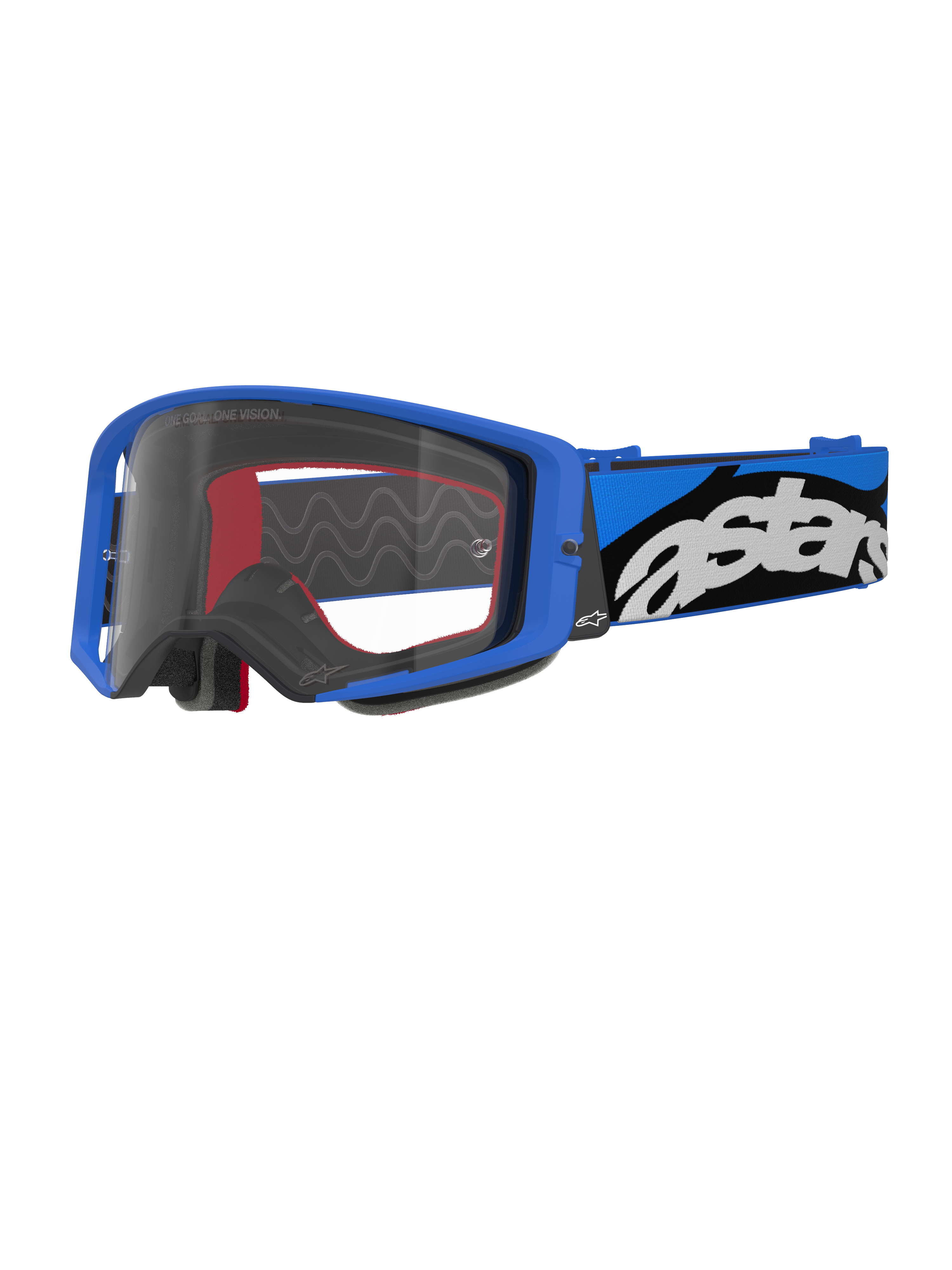 Alpinestars Supertech Stream Goggles, motocrossglasögon, blå och klar, klarblå ram med en klar lins, brett blått och svart justerbart band med en tydlig vit 'astars'-logotyp, röda inre skumdetaljer, professionella glasögon för offroad- och motocrosstävling