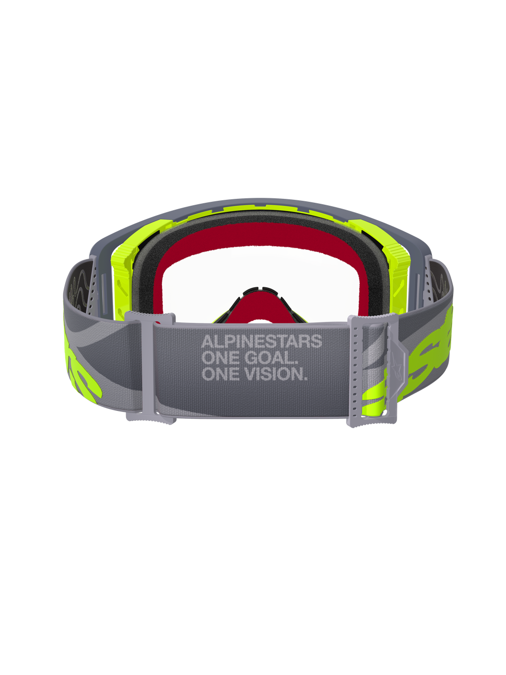 Alpinestars Supertech Stream Goggles, motocrossglasögon, grå och gul fluo, vy bakifrån som visar det justerbara grå bandet med texten 'ONE GOAL. ONE VISION.', klar lins och ansiktsskum i flera lager, professionell racingutrustning för offroad