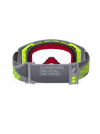 Alpinestars Supertech Stream Goggles, motocrossglasögon, grå och gul fluo, vy bakifrån som visar det justerbara grå bandet med texten 'ONE GOAL. ONE VISION.', klar lins och ansiktsskum i flera lager, professionell racingutrustning för offroad